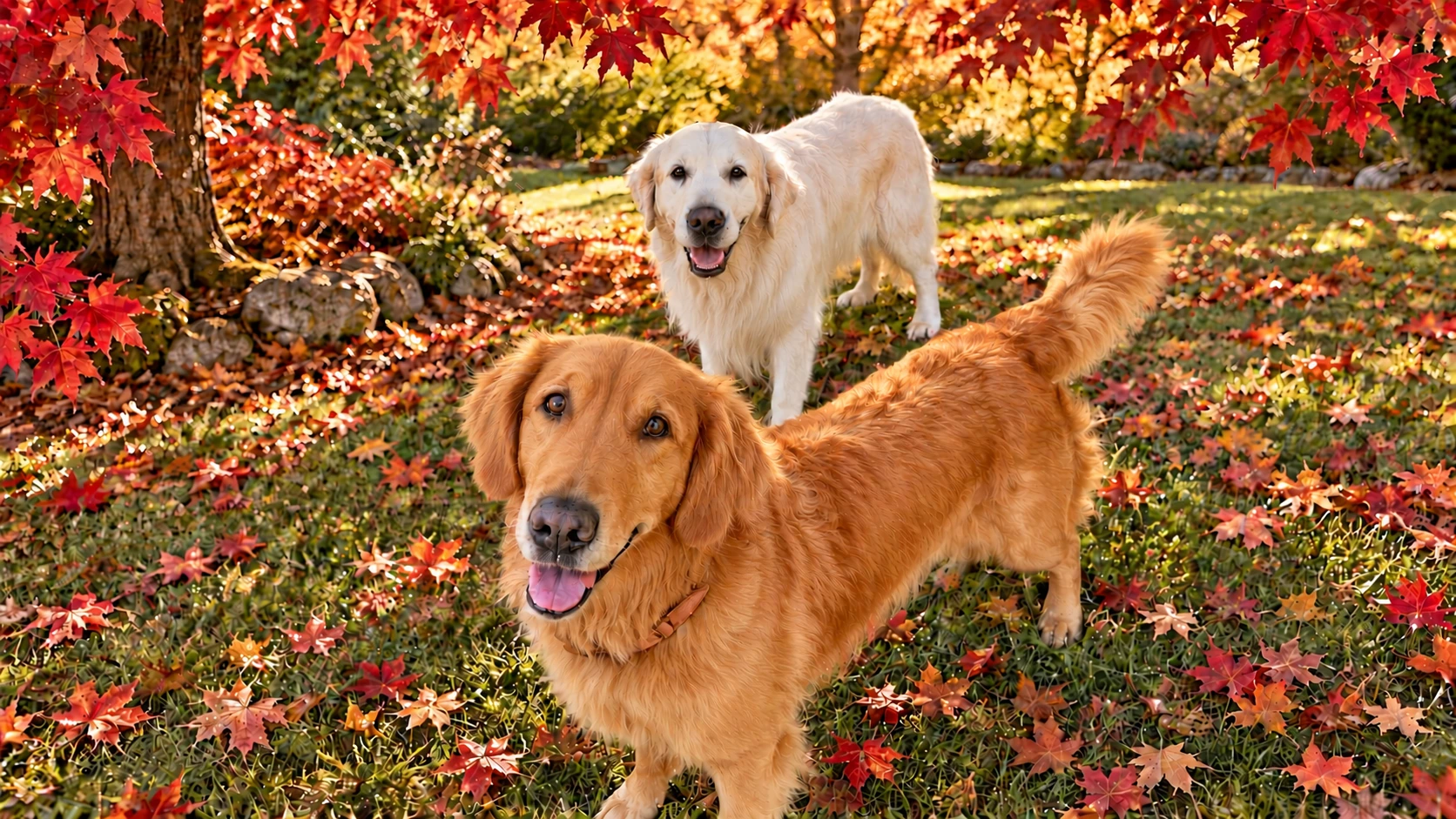 Marley in the foreground and Boo behind her, enjoying their yard